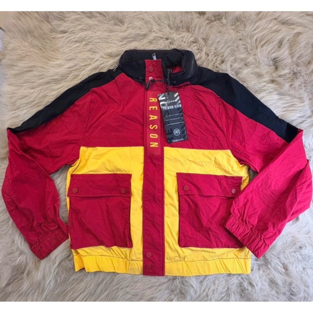 Reason Brand Mens Colorblock Windbreaker Jacket Red Yellow Black Small NWT